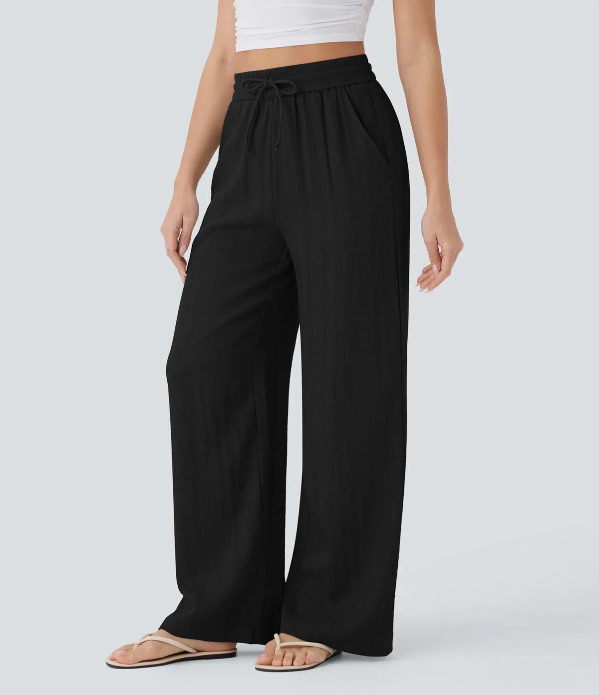 Pant Women 2026 Casual High-Waisted Drawstring Side Pocket Casual Linen Pants Flowing Wide-Leg Beach Pants Elastic Tightness