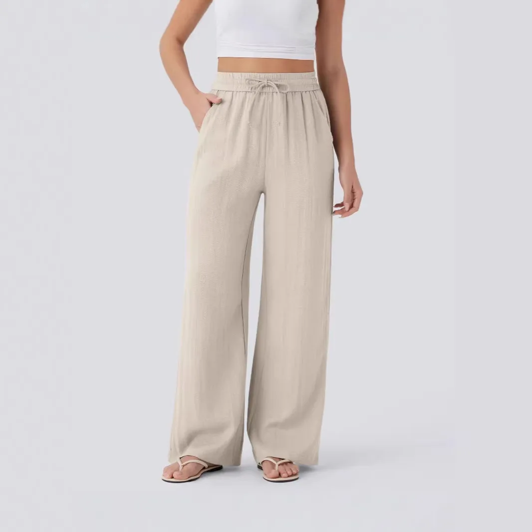 Pant Women 2026 Casual High-Waisted Drawstring Side Pocket Casual Linen Pants Flowing Wide-Leg Beach Pants Elastic Tightness