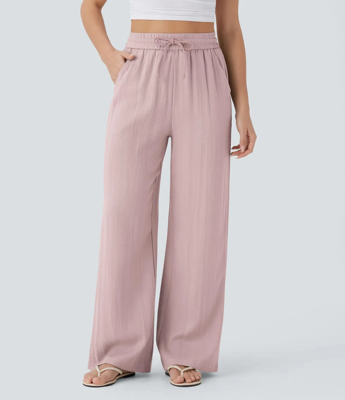Pant Women 2026 Casual High-Waisted Drawstring Side Pocket Casual Linen Pants Flowing Wide-Leg Beach Pants Elastic Tightness