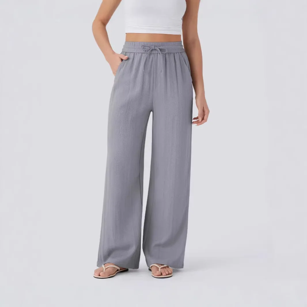 Pant Women 2026 Casual High-Waisted Drawstring Side Pocket Casual Linen Pants Flowing Wide-Leg Beach Pants Elastic Tightness