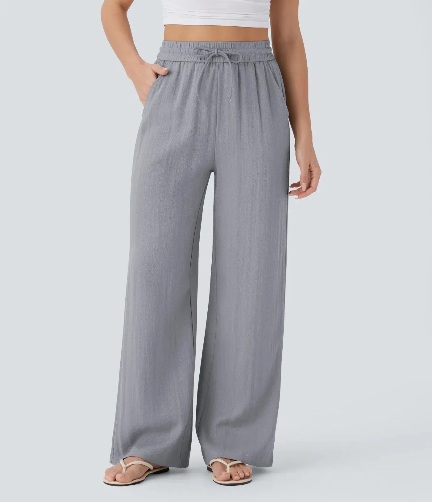 Pant Women 2026 Casual High-Waisted Drawstring Side Pocket Casual Linen Pants Flowing Wide-Leg Beach Pants Elastic Tightness