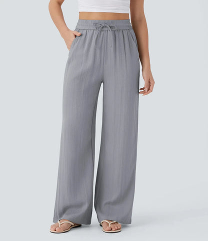 Pant Women 2026 Casual High-Waisted Drawstring Side Pocket Casual Linen Pants Flowing Wide-Leg Beach Pants Elastic Tightness