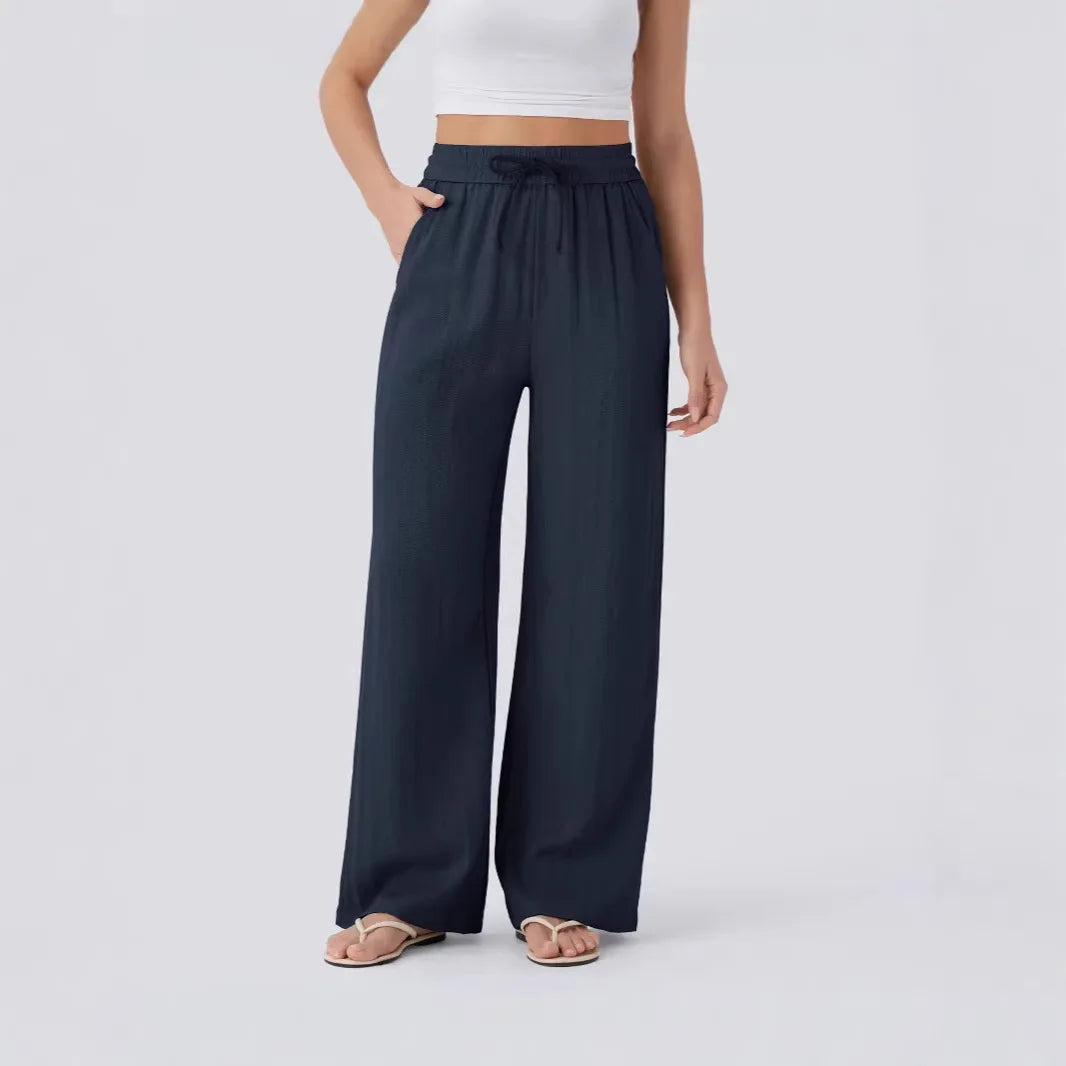 Pant Women 2026 Casual High-Waisted Drawstring Side Pocket Casual Linen Pants Flowing Wide-Leg Beach Pants Elastic Tightness