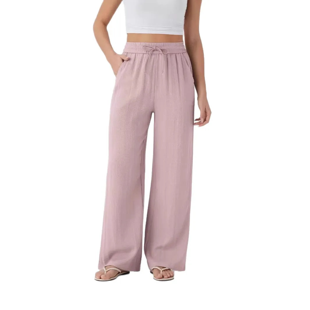 Pant Women 2026 Casual High-Waisted Drawstring Side Pocket Casual Linen Pants Flowing Wide-Leg Beach Pants Elastic Tightness